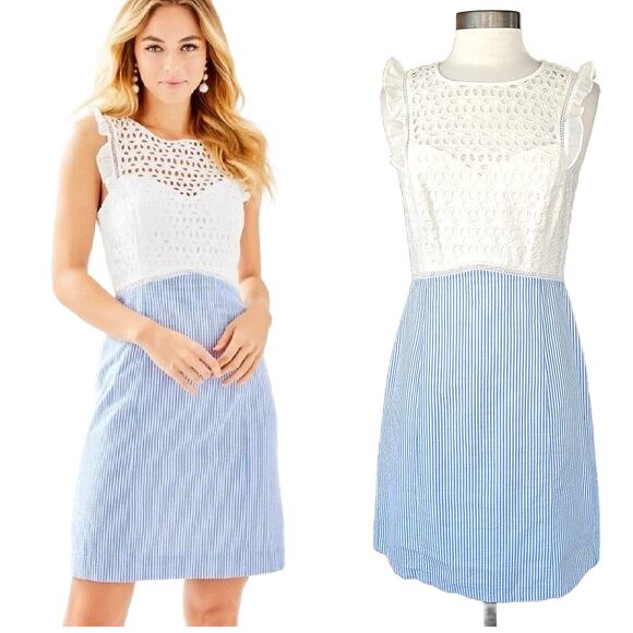 LILLY PULITZER Maya Shift Dress Coastal Blue Seersucker White Eyelet Size 6 - Picture 1 of 15
